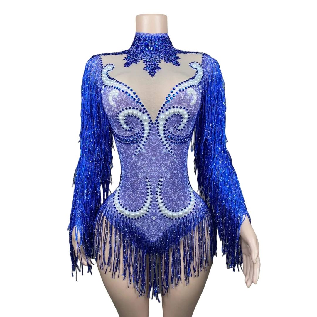 

Blue Fringe Rhinestone Women Bodysuits Latin Jazz Body Suits Mesh See Through Dancer Drag Queen Outfit