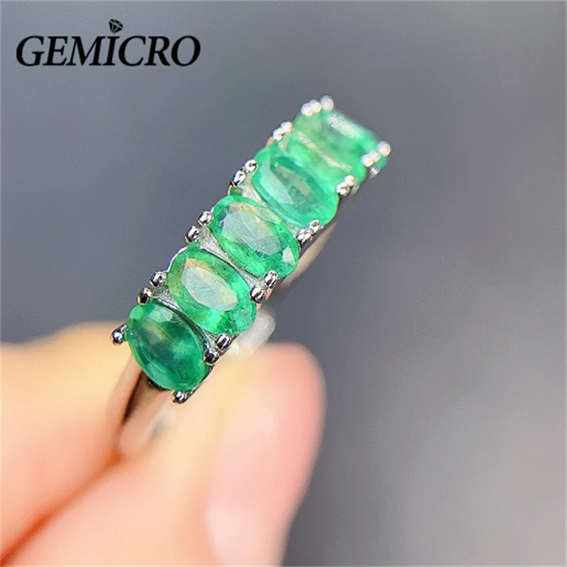 Gemicro 925 Sterling Silver Jewelry Natural Emerald Ring with 3*5mm Stones for Women as Birthstone or Party or Gift or Wedding