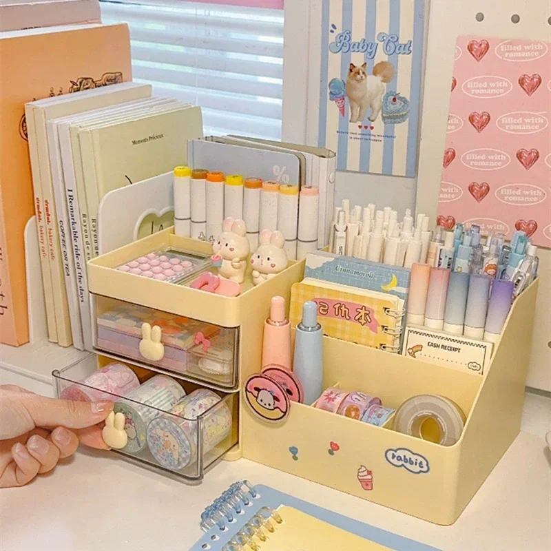 Desktop Cosmetic Storage Box Organizer Drawer Office Storage Rack Stationery Desk Pen Holder Bunny Drawer Organizer Cute Kawaii