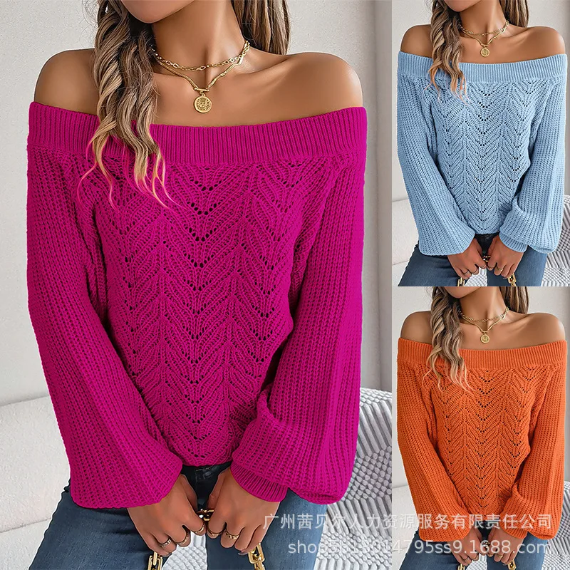 Off Shoulder Lantern Sleeve Knit Sweater Strapless Women Solid Color Autumn Winter Knitwear Sweaters Pullover Top