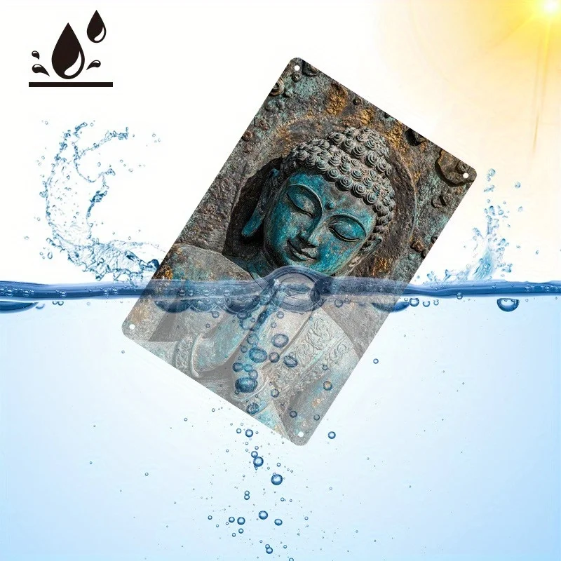 لوحة فنية جدارية بوذا عتيقة من Serene - ديكور حديد ملون باللون الأزرق للمنزل أو الفناء أو المقهى أو غرفة التأمل