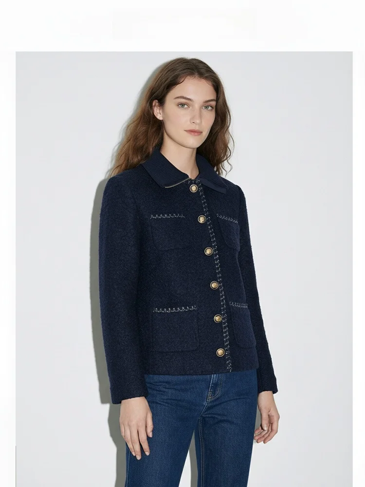 

Шерстяная куртка для женщин с воротником-стойкой, ребристым дизайном, металлическими пуговицами и грубой текстурой, осенне-зимняя мода