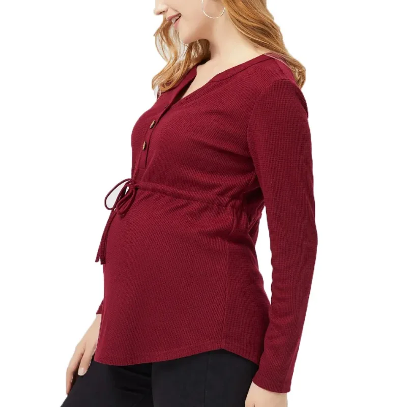 

Мягкая и удобная однотонная футболка с длинными рукавами для беременных, подходящая для грудного вскармливания весной-осенью, топ с затягивающей талией
