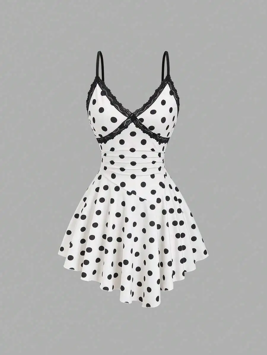 

Women Lace Trim Polka Dot Print Mini Dress Sleeveless