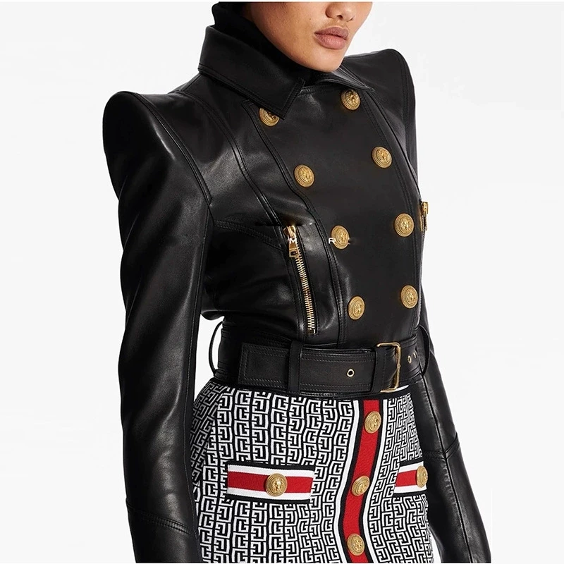 

Autumn New Fashionable Personalized Shoulder-Padded Double-Breasted Short Motorcycle Long-Sleeved Leather Jacket Top