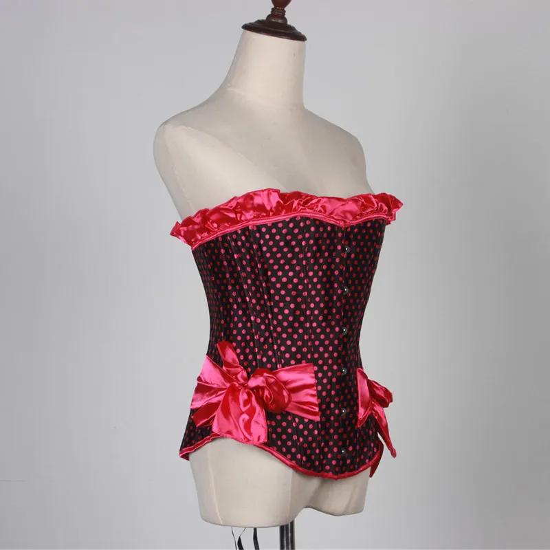 Women Pink Sexy Overbust Corset Vintage Style Corselet Girls Lacing Ruffle Bow Side Polka Dot Bustier Top Carnival Party Costume