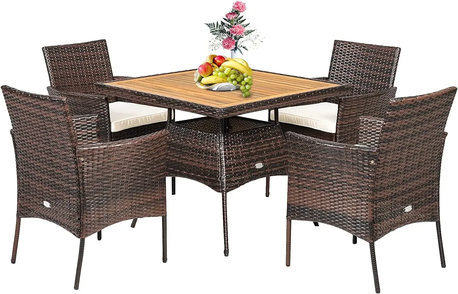 

5 Pieces Wicker Patio Dining Set, Outdoor Acacia Wood Dining Furniture with 4 Armrest Chairs & 1 Dining Table, Rattan Set