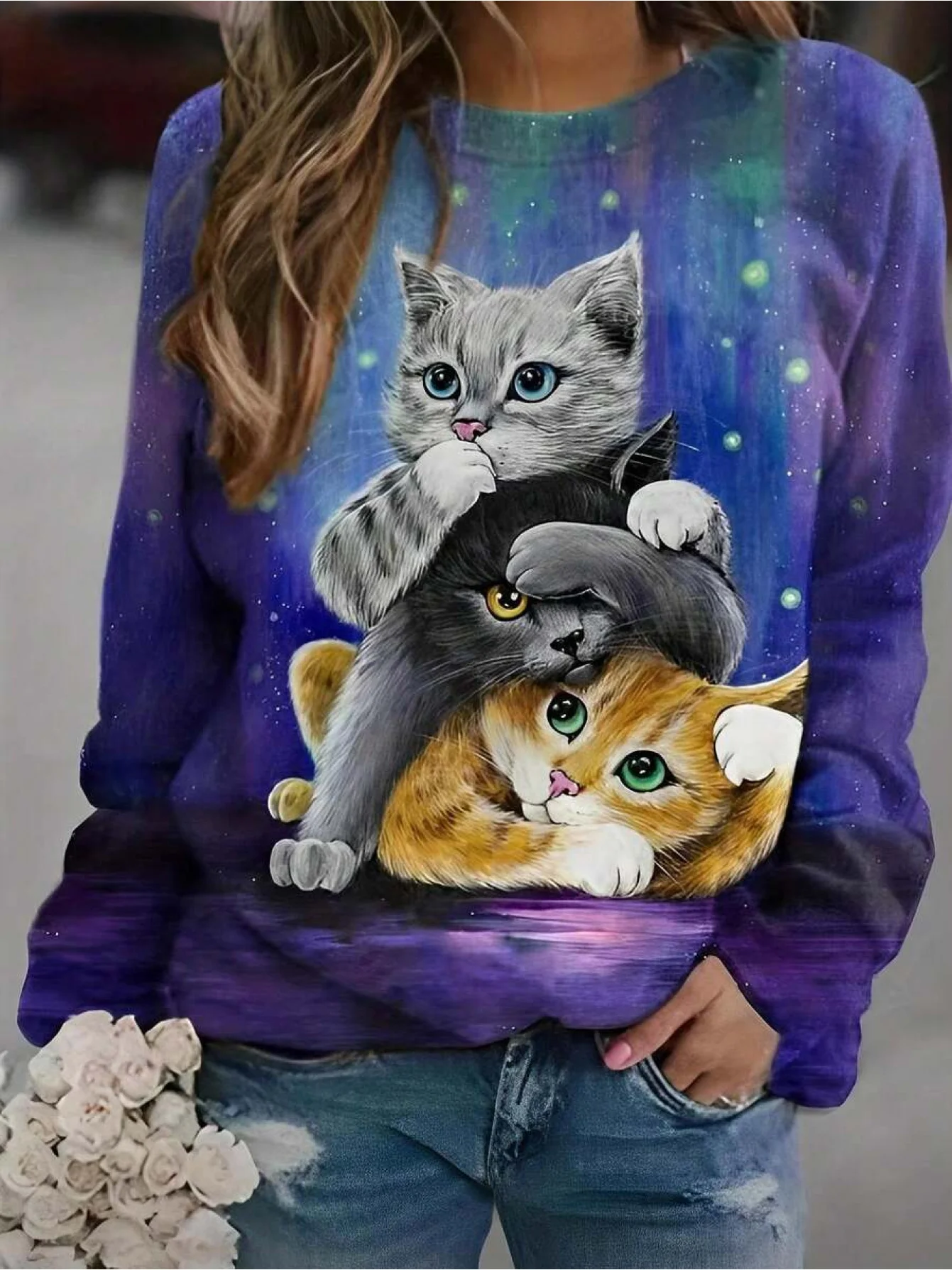 Women Long Sleeve Tee Top Cute Stacked Cat Galaxy Gradient Print Autumn Fashion Casual Round Neck Sweatshirt Women's Clothes