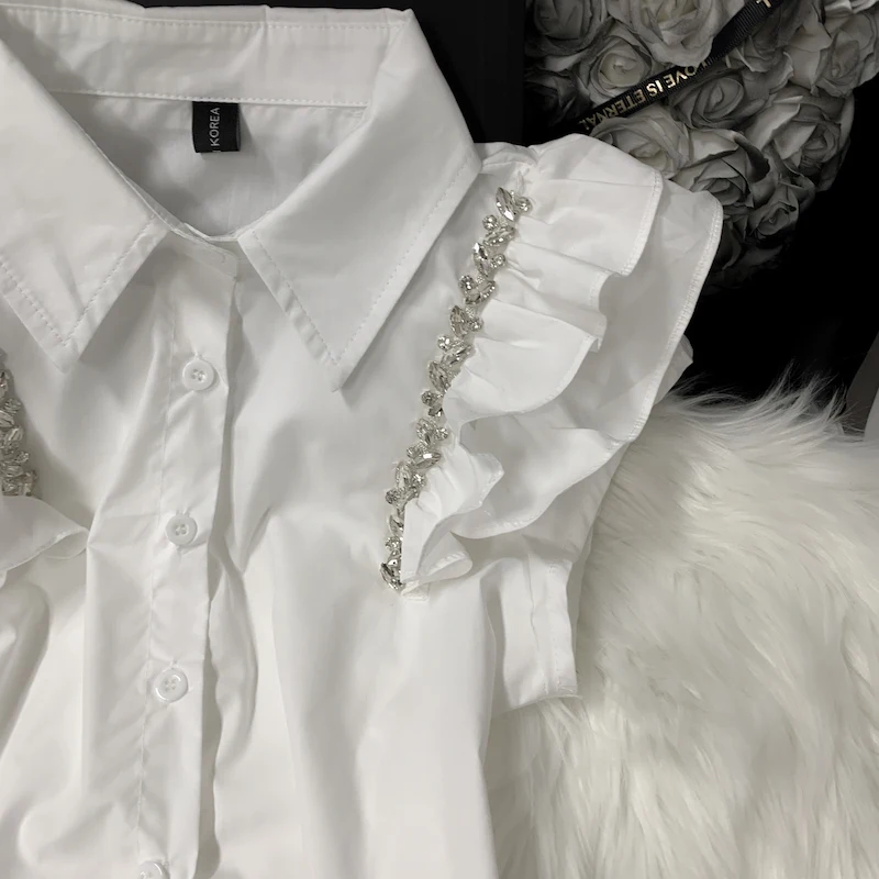 Summer Women Ruffles Flying Sleeve Short White Shirt New Korean OL Blouse Single-breasted Diamond Sleeveless Vest Top