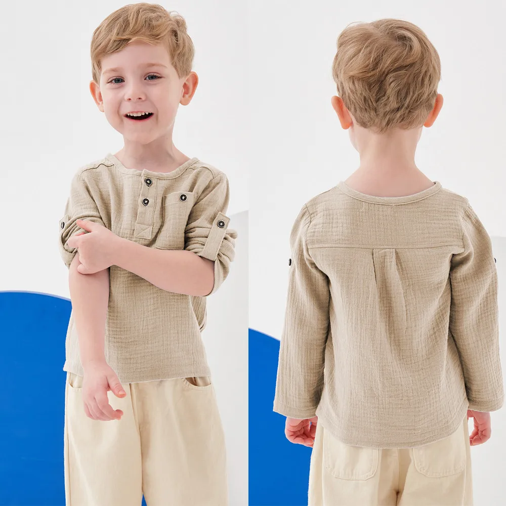 LOlanta Boys Toddler Boys Henley Long Sleeve Cotton Linen Shirt Solid Short Beach Casual Button Tees Tops 1-6Years