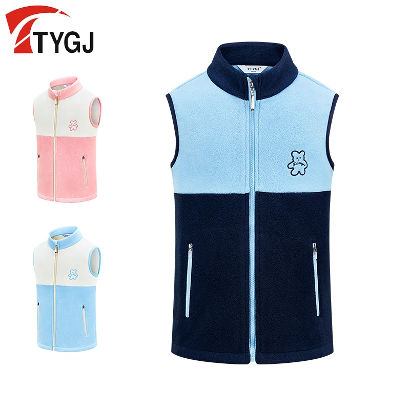 

TTYGJ Kids Winter Sleeveless Golf Jackets Boys Girls Keep Warm Fleece Vests Children Patchwork Stand Collar Waistcoats Golf Coat