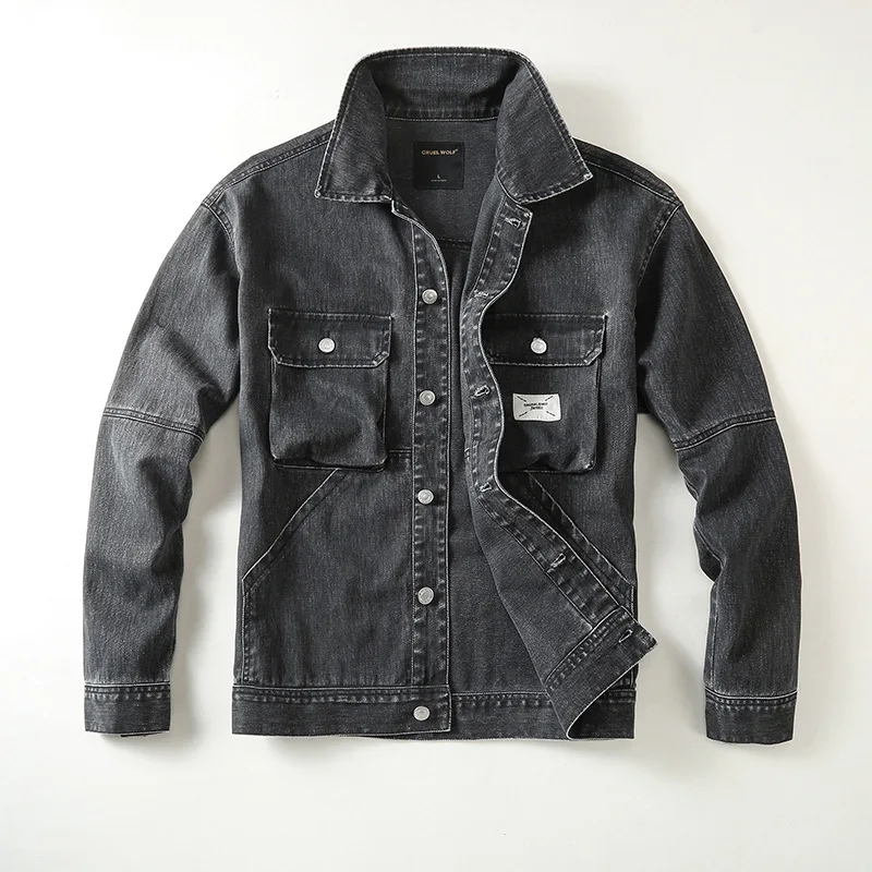 

New spring fashion American retro denim jacket men's heavy lapel jacket men's handsome workwear pure cotton