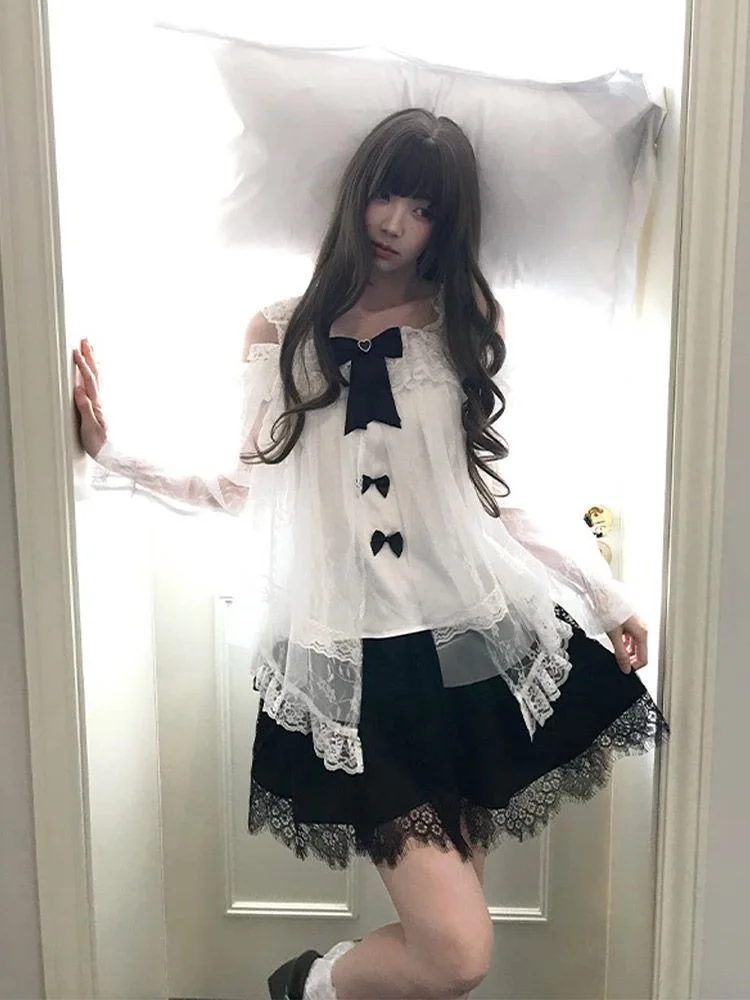 Dark Sweet Gothic 2Pcs Women Off Shoulder Lace Blouse Bow Tiered Skirt Harajuku Kawaii Y2k Punk Daily Cosplay Outfit