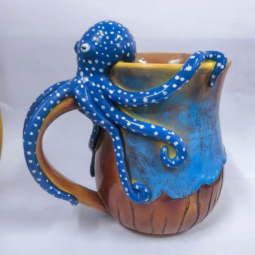 

Creative Deep Blue Octopus Mug Anti Scalding Anti Slip Resin Coffee Mug with Handle Handmade Statue Cartoon Water Cup