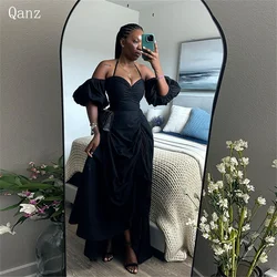 Qanz Black Vintage Evening Dresses Sweethert Short Puff Sleeves Formal Occasion Dresses Satin Vestidos De Festa Customized