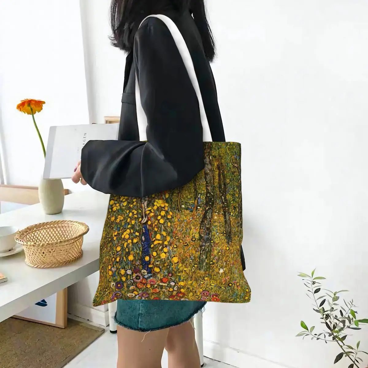 Gustav Klimt-Country Garden Canvas Tote Bag para mulheres e homens, design estético, exclusivo, sacolas de compras