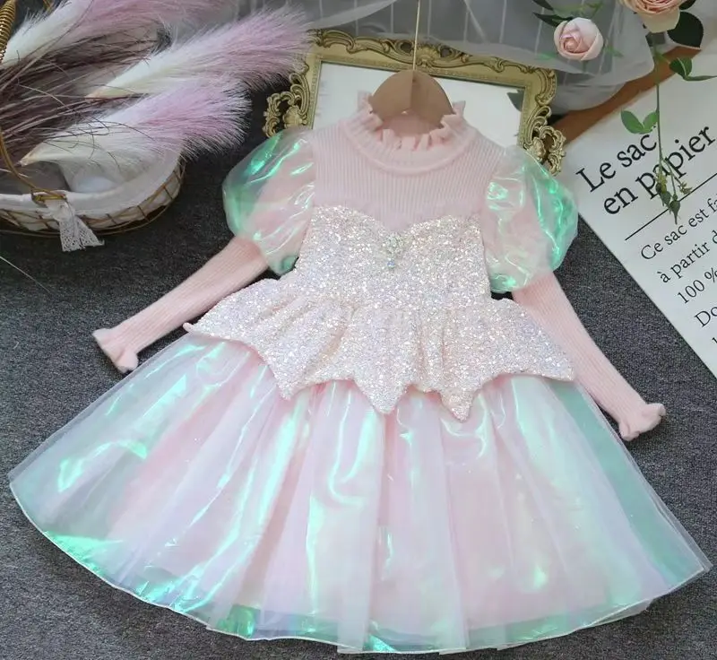 

Girls' Dress2025Autumn and Winter Fashionable Princess Dress Bow Woolen Skirt Girls Sequins Tulle Skirt