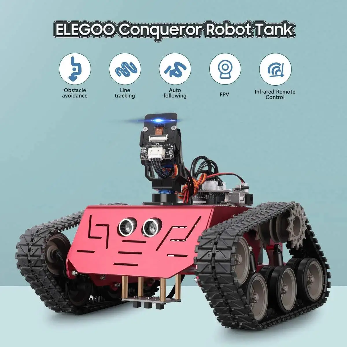 ELEGOO Conqueror Robot Tank con UNO R3, telecomando IR ecc. Kit robotico per auto giocattolo intelligente ed educativo compatibile con Arduino