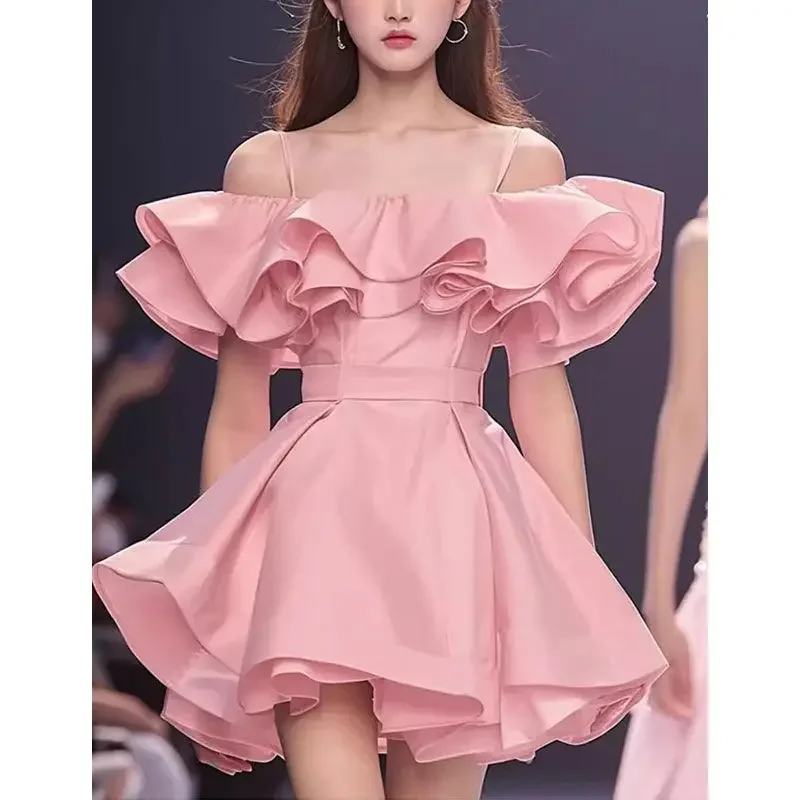 

French Sexy Elegant Off-the-Shoulder Pleated Female Dress, Pink, One-Line Shoulder, Waist Slimming, A Line, Summer, New,