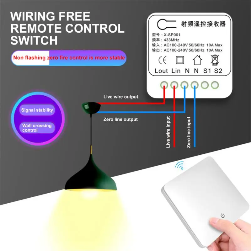 Aubess Wireless Smart Switch Light 433Mhz RF Wall Panel Switch With Remote Control Mini Relay Receiver Home Led Light Lamp Fan