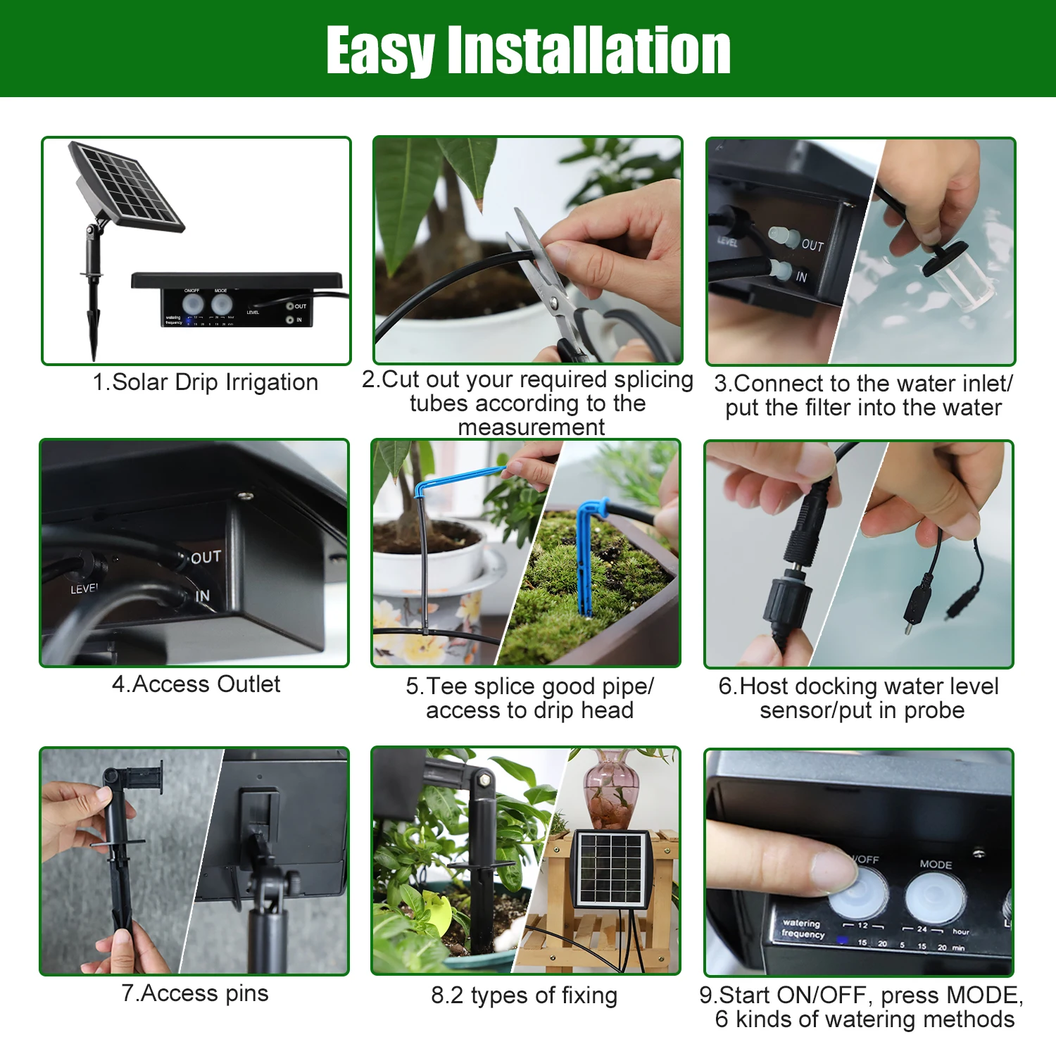 Imagem -06 - Sistema Solar Kit de Irrigação por Gotejamento Automático Alimentado Auto Fácil Faça Você Mesmo Rega Dispositivo Plantas Suportadas Modos de Cronometragem