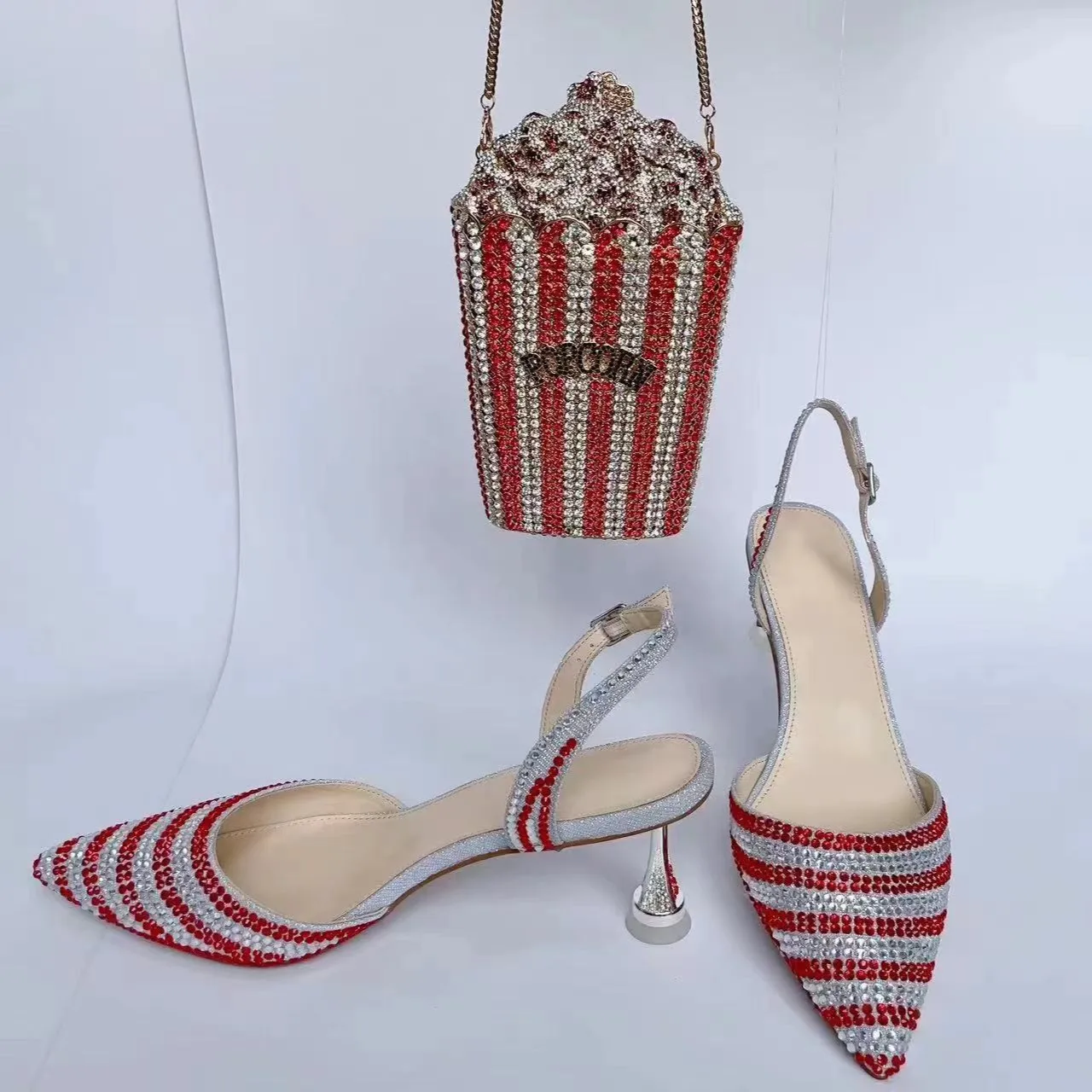 

Women High Heels Rhinestones Shoes And Bag Set Party Wedding Gems Diamond high-heeled Stiletto sandals and Clutch