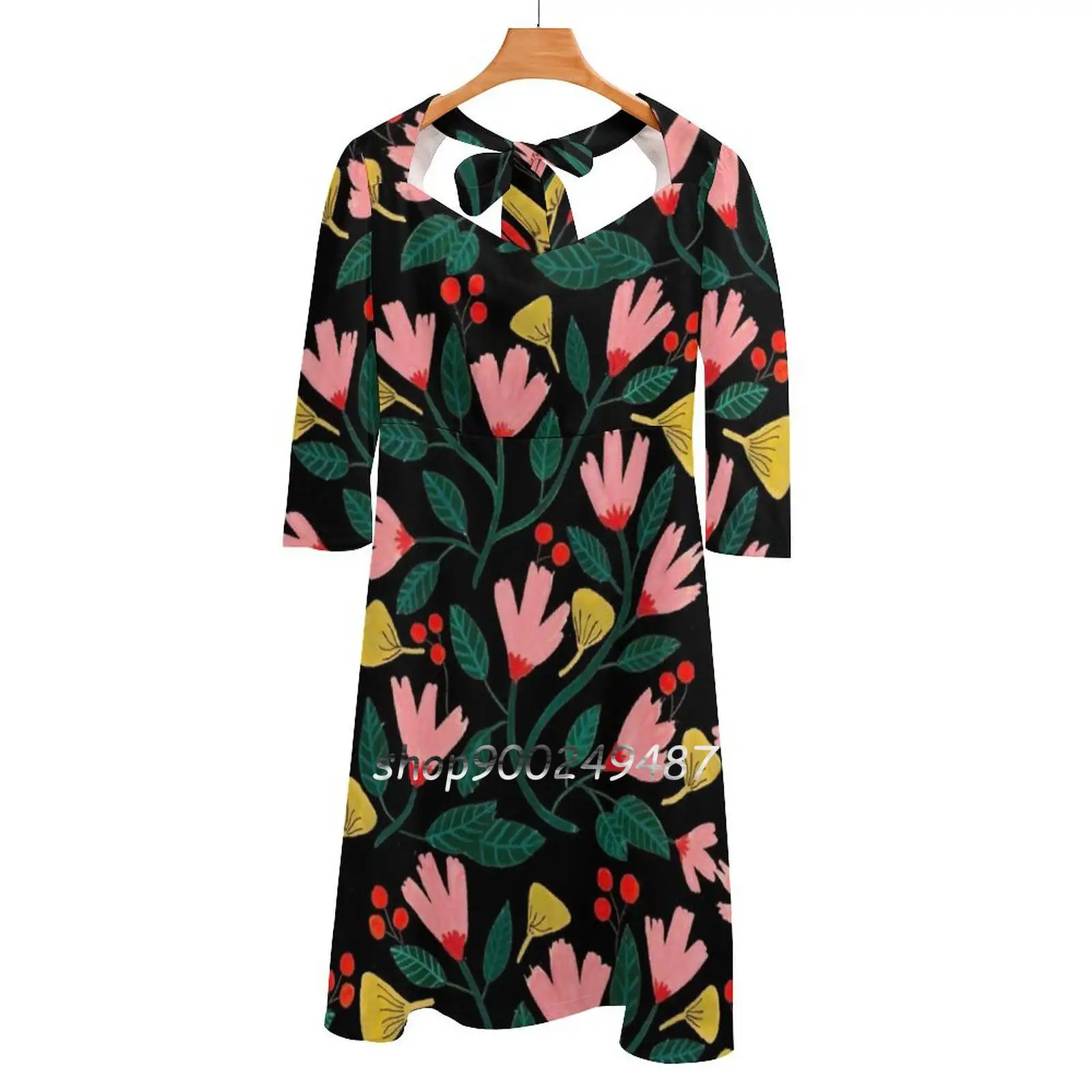 Pink Florals On Black Sweetheart Knot Flared Dress Fashion Design Large Size Loose Dress Gouache Floral Floral Pattern Flowers