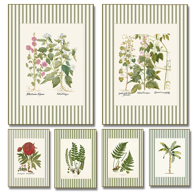 Póster Floral botánico Tropical de helechos de peonía antigua a rayas verdes, pintura en lienzo, arte de pared impreso para d