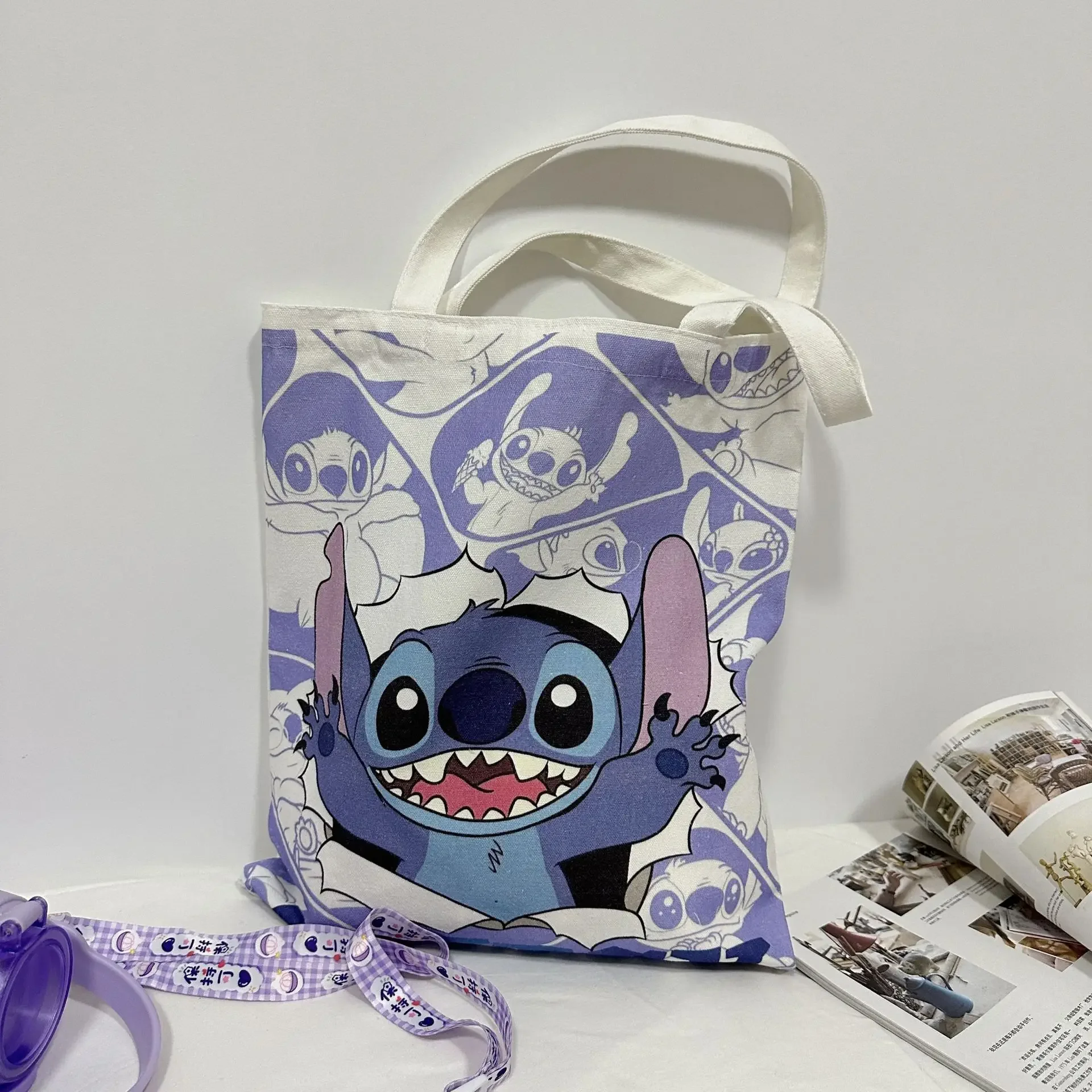 Disney 2024 Cartoon Lilo & Stitch Canvas Handbag Anime Angel Pattern Large Capacity Tote Shopping Bag for Women Casual