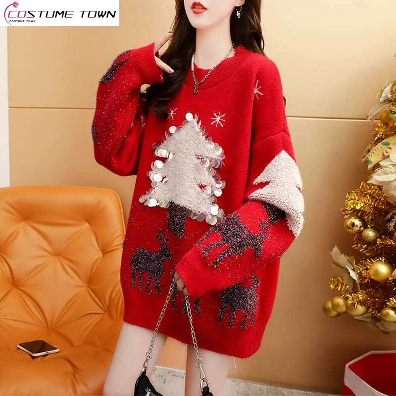 

2023 Autumn/Winter Korean Edition New Red Christmas Sweet Edition Loose and Lazy Style Fashion Knitted Sweater