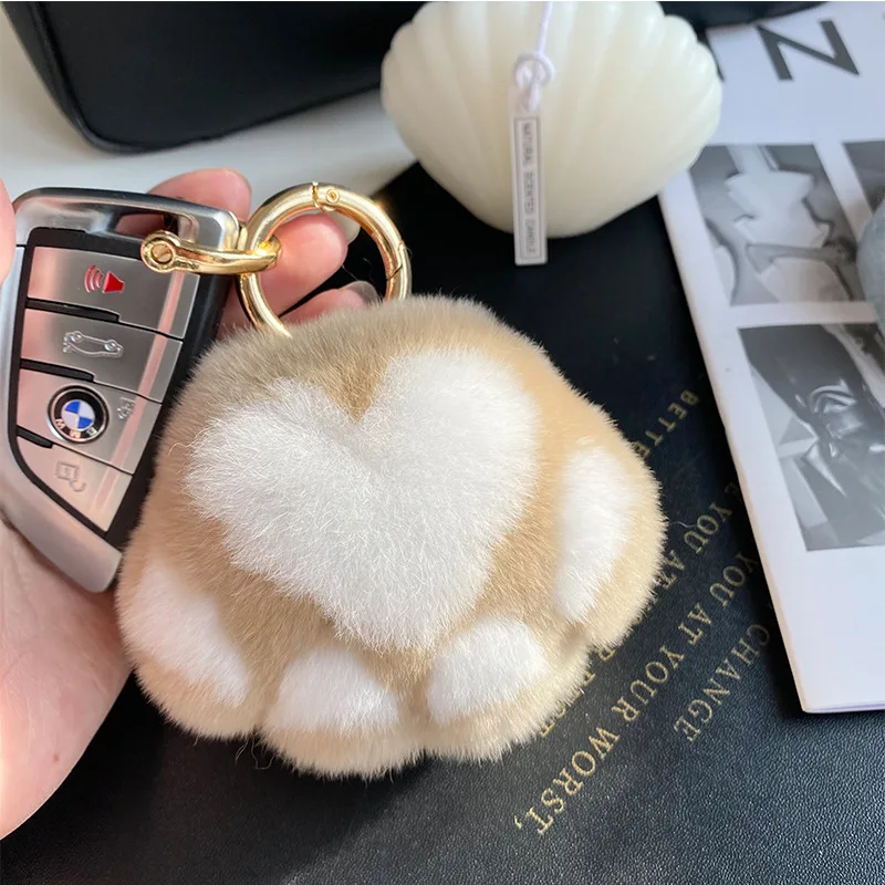 

Plush Ball Real Rex Rabbit Fur Keychain Cat Claw Women Bag Pendant Cute Toy Hanging Ornaments Car Key Rings Bearpaw Trinkets