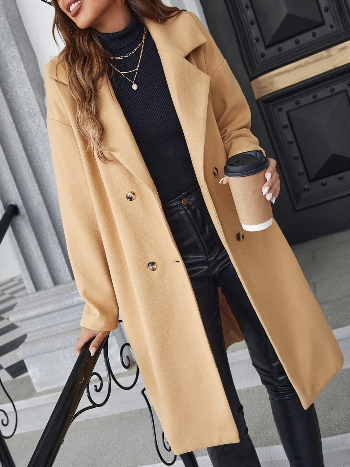 

Wool coat women's winter Hepburn style long and high-end new Korean version solid color lapel loose medium long jacket