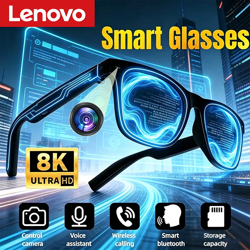 Lunettes Intelligentes IA Lenovo avec Contrôle Tactile, Appareil Photo, Enregistrement, Traducteur, Assistant Vocal, Musique, Bluetooth Sans Fil, Lunettes de Soleil 2026