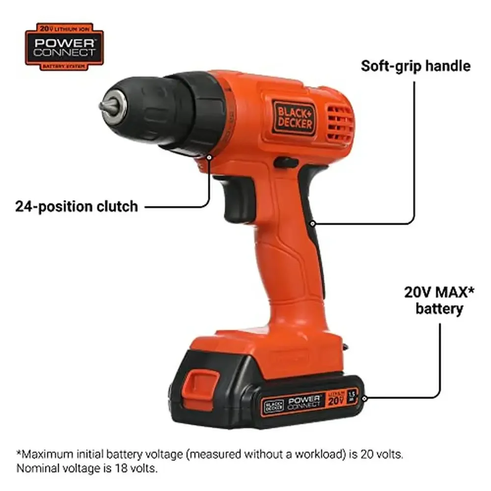 20V MAX Cordless Drill Kit 100 pc. Set BDC120VA100 with PowerConnect Battery System and 24-Position Clutch Orange Storage Case