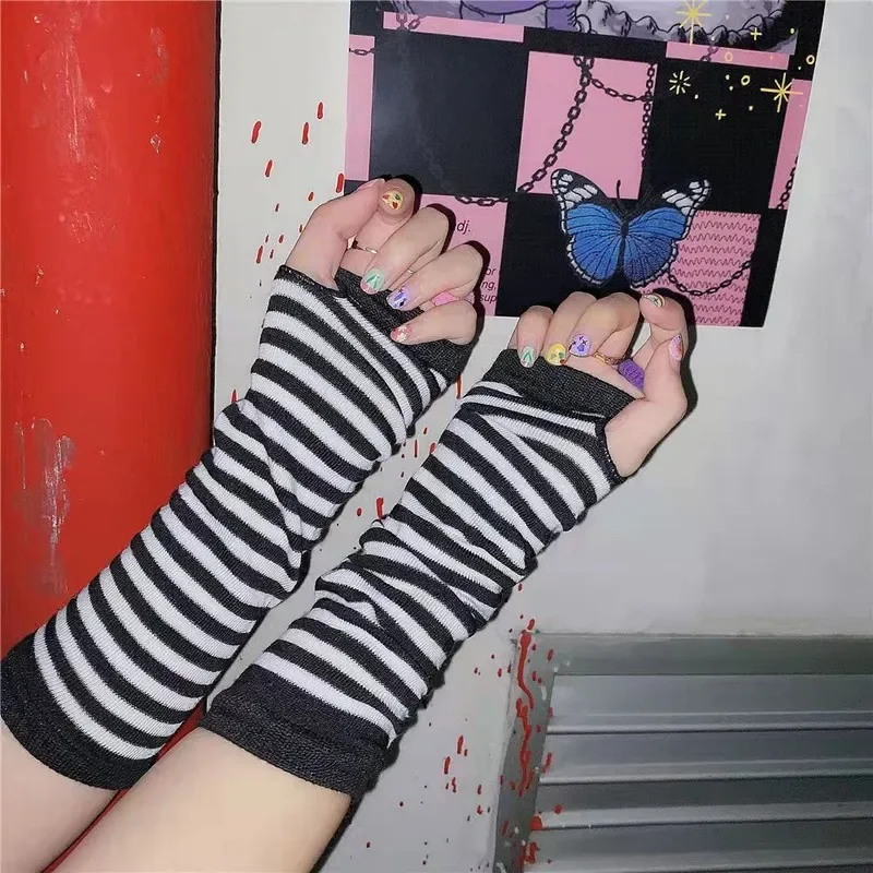 JK Girls Gothic Fingerless Gloves Arm Sleeve Anime Women Sports Emo Punk Striped Hand Warmer Fashion Cosplay Darkly Ninja Mitten