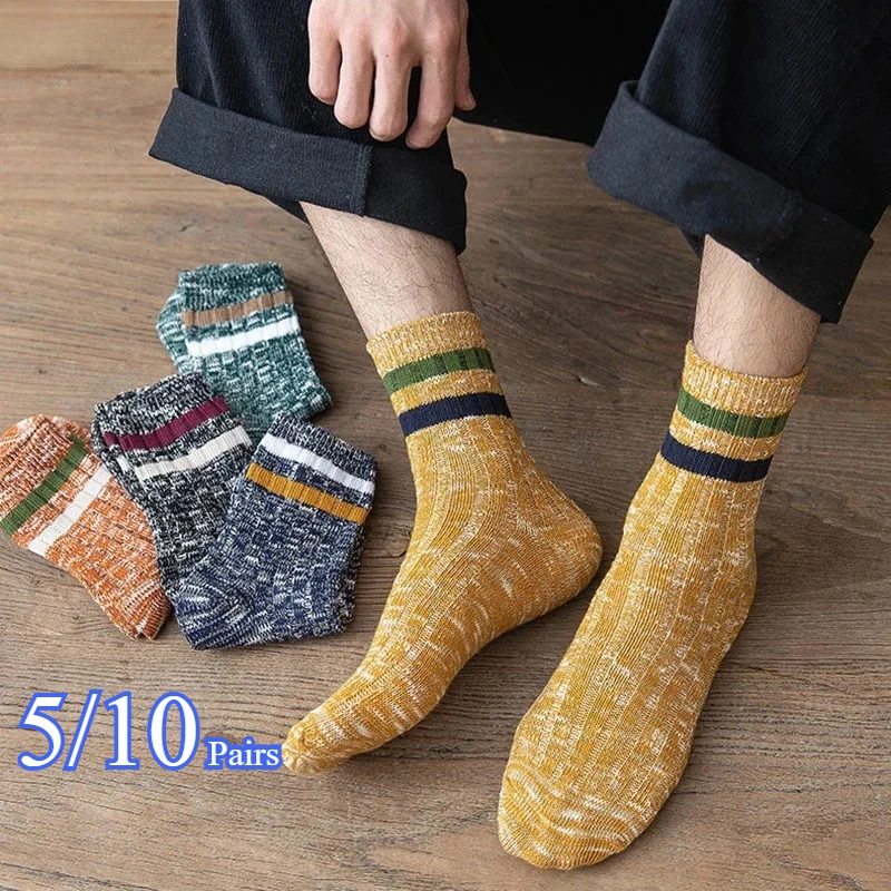 

5/10 Pair Men's Women Autumn Winter Retro Stripe Thick Mid Tube Sock Warmth Comfort Fashion Ethnic Style Sports Casual man Socks