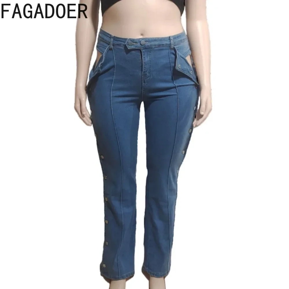 FAGADOER Fashion Hollow Out Denim Pants Women Double Side Buttons High Waist Wide Leg Jeans Pants Hot Girl Streetwear Bottoms