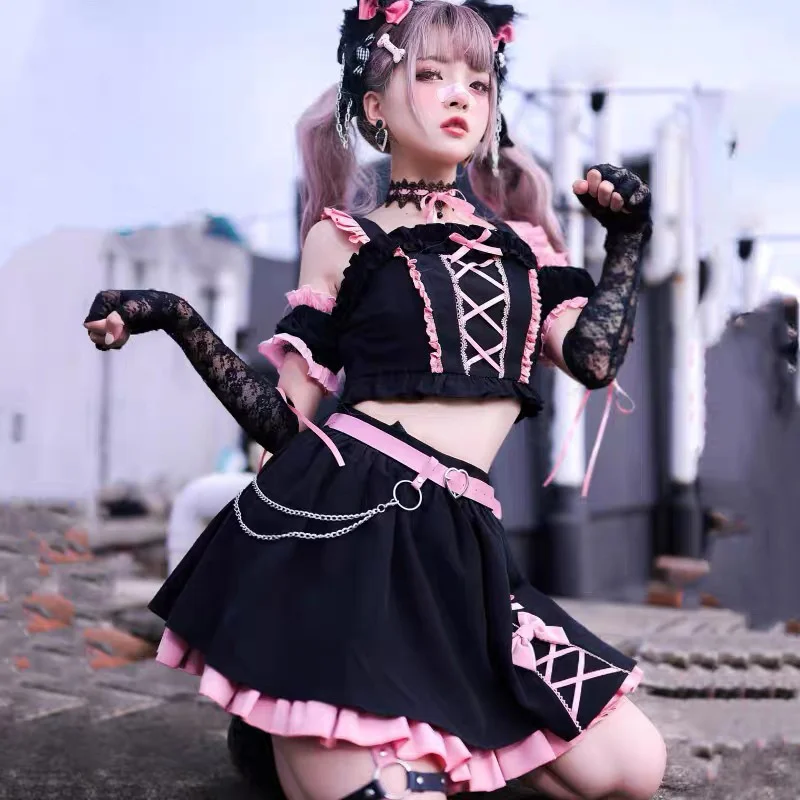 Pittige Kat Hart Jk Uniform Zwart Sweet Dark Daily Harajuku Stijl Roze Zwarte Korte Rok Set Roze Jurken Zachte Lolita Kleding