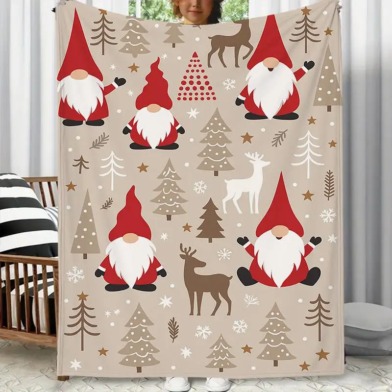 Miniature Christmas tree and reindeer pattern blanket, polyester fabric, machine washable, suitable for bedroom and living room.