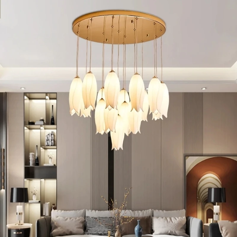 Multi-heads Luxury Ceramic Tulip Staircase Chandelier for Exhibition Hall Lobby Restaurant Hotel Decor Hanging LED G9  Lamp