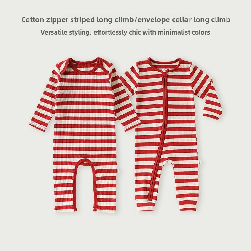 

Baby Jumpsuit 2025 New Pure Cotton Home Clothes for Male and Female Babies, Autumn and Winter Striped Khaki Crawling Clothes
