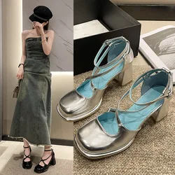 Buckle Strap Cross Low Sandals Woman Leather Suit Female Beige High Heels 2024 Summer Women’s Shoes Low-heeled Black Comfort Hig