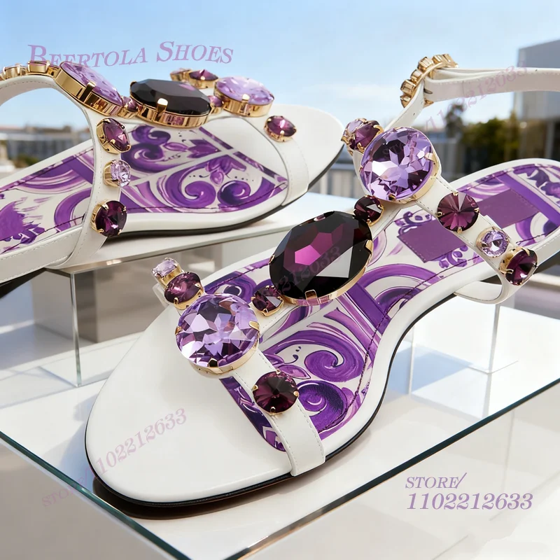 

Purple Romantic Floral Sandals Graffiti Print Flat Women Gladiator Open Large Crystal Bead String Buckle Party Beach Casual Shoe
