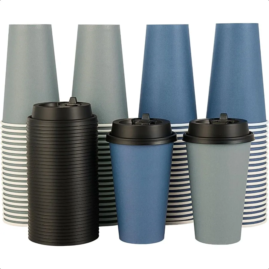 

100 Pack 16 oz Paper Coffee Cups with Lids for Coffee Water Juice or Tea Blue and Gray Hot Paper Cups for Home Restaurant Stor