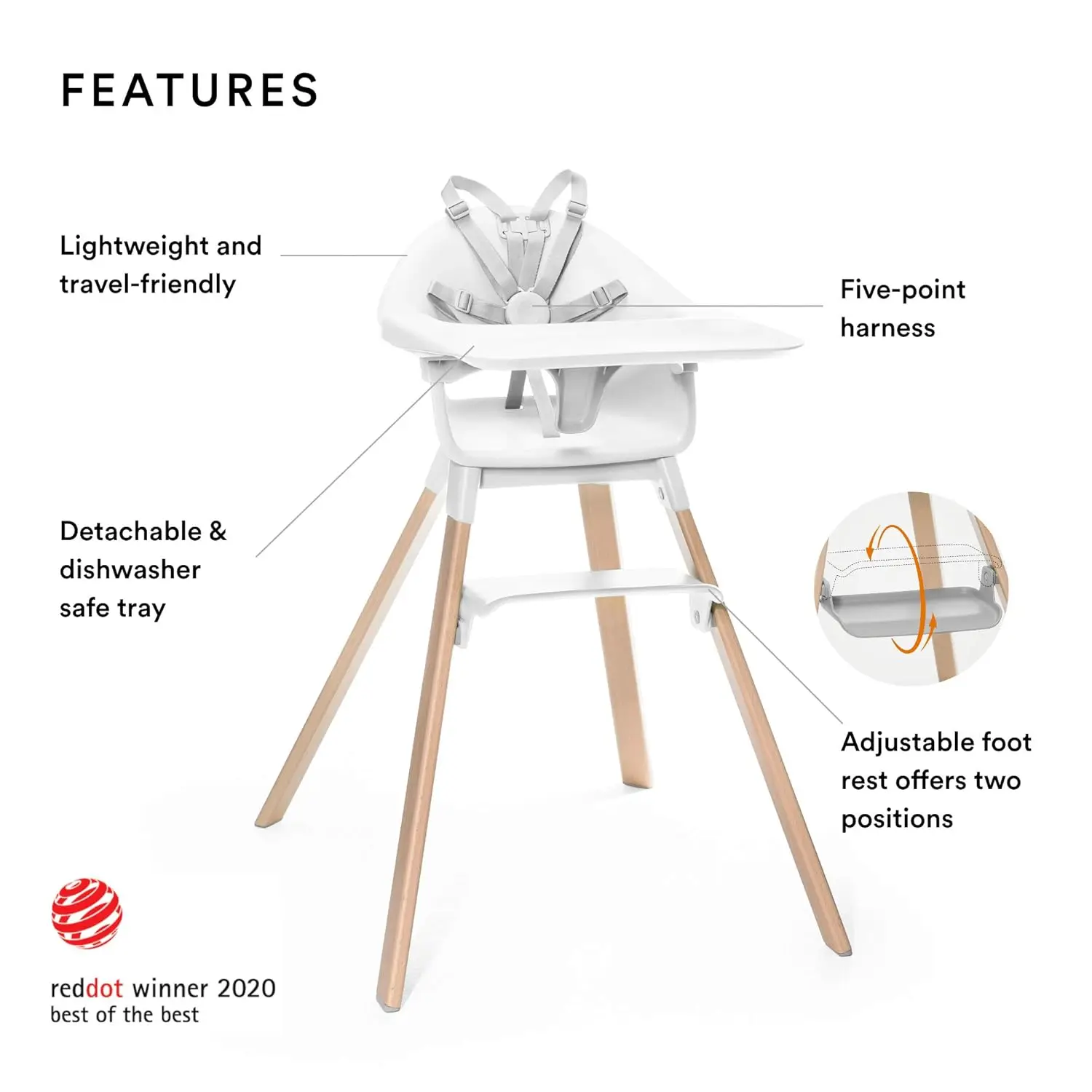 Chair, White - All-in-One High Chair with Tray + Harness - Light, Durable & Travel Friendly - Ergonomic with A