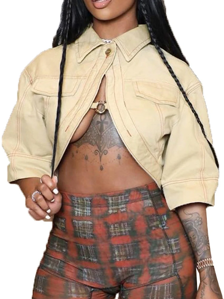 Sexy Streetwear Cut-Out Cropped Jackets for Women 2025 Autumn Fashion Turn-Down Collar Half Sleeve Asymmetrical Waistband Coats