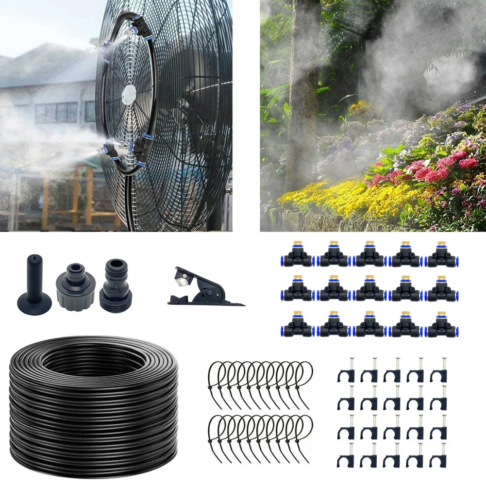 50ft Misting Drip Irrigation Kit 15M Black Garden Watering Hose Spray System With Brass Nozzles For Outdoor Patio Cooling