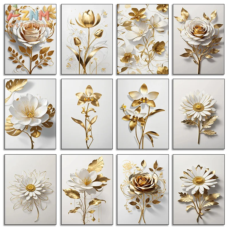 AZNM Luxury Golden Flower Canvas Print White Rose Tulip Orchid Daisy Metallic Floral Minimalist White Background Unframed Wall P