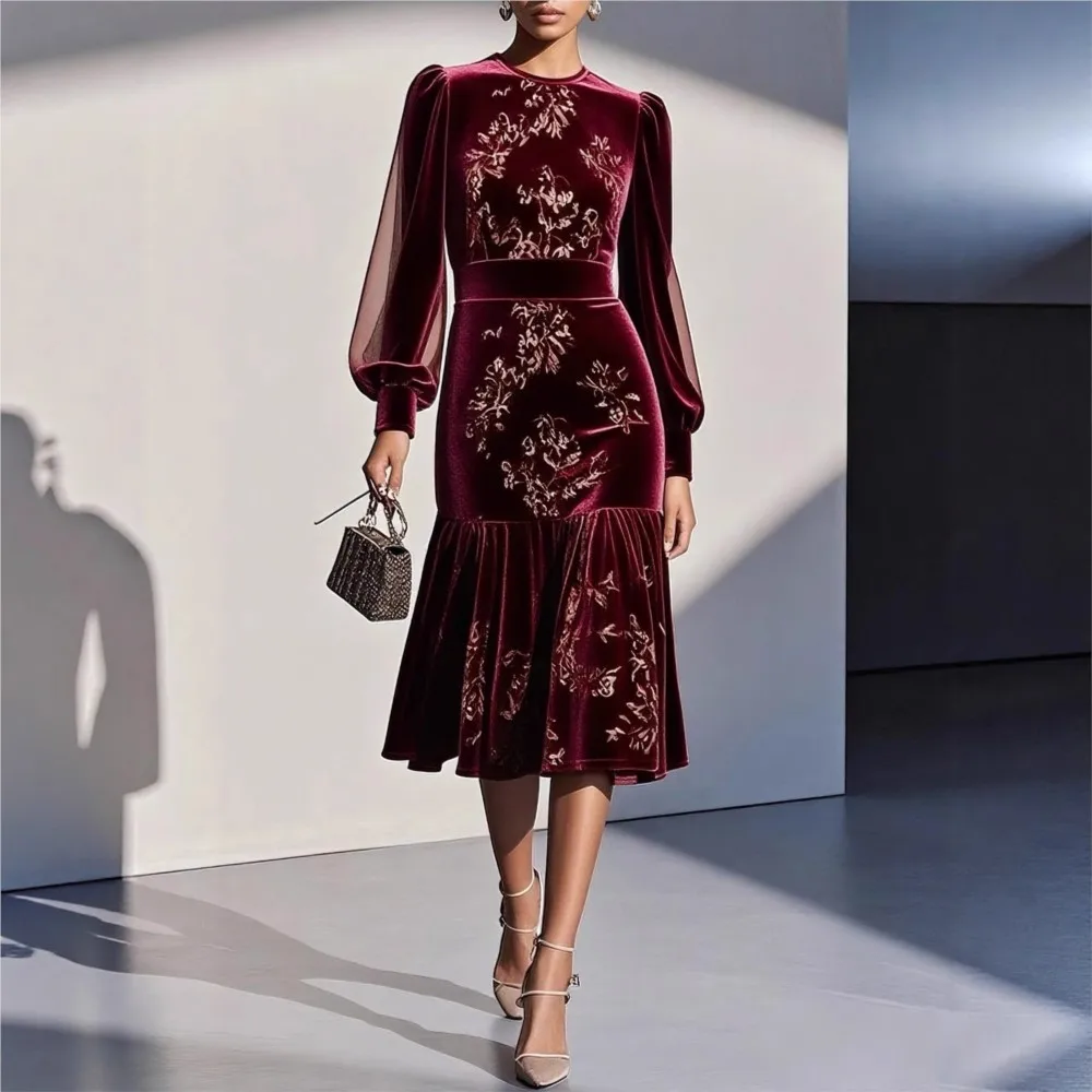 

Velvet Round Neck Lantern Sleeves Mesh Long Sleeve Waist Dress Spring Autumn New Women's A-line Fishtail Dress Ropa Mujer