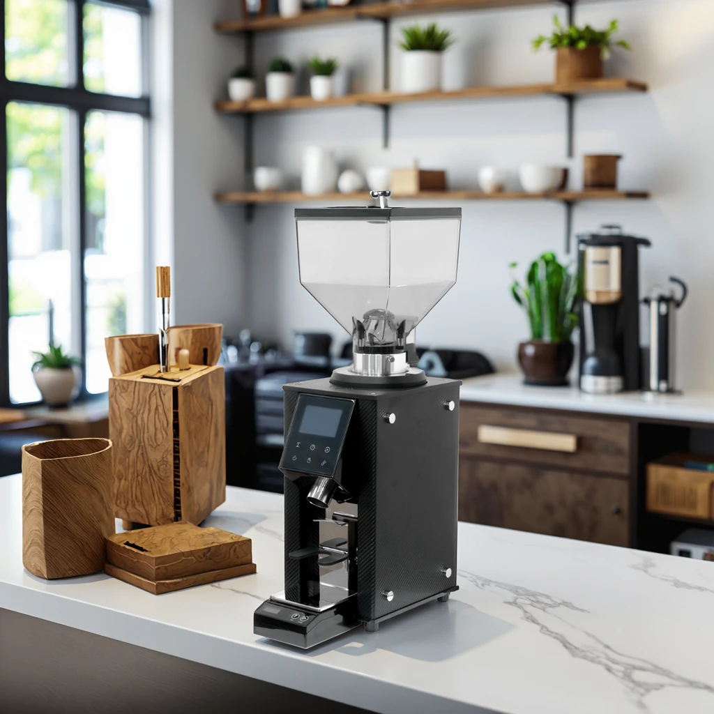 Professional Commercial Electric Coffee Grinder 64mm Burr Automatic Touch Screen Function for Hotels Coffee Shops Black White